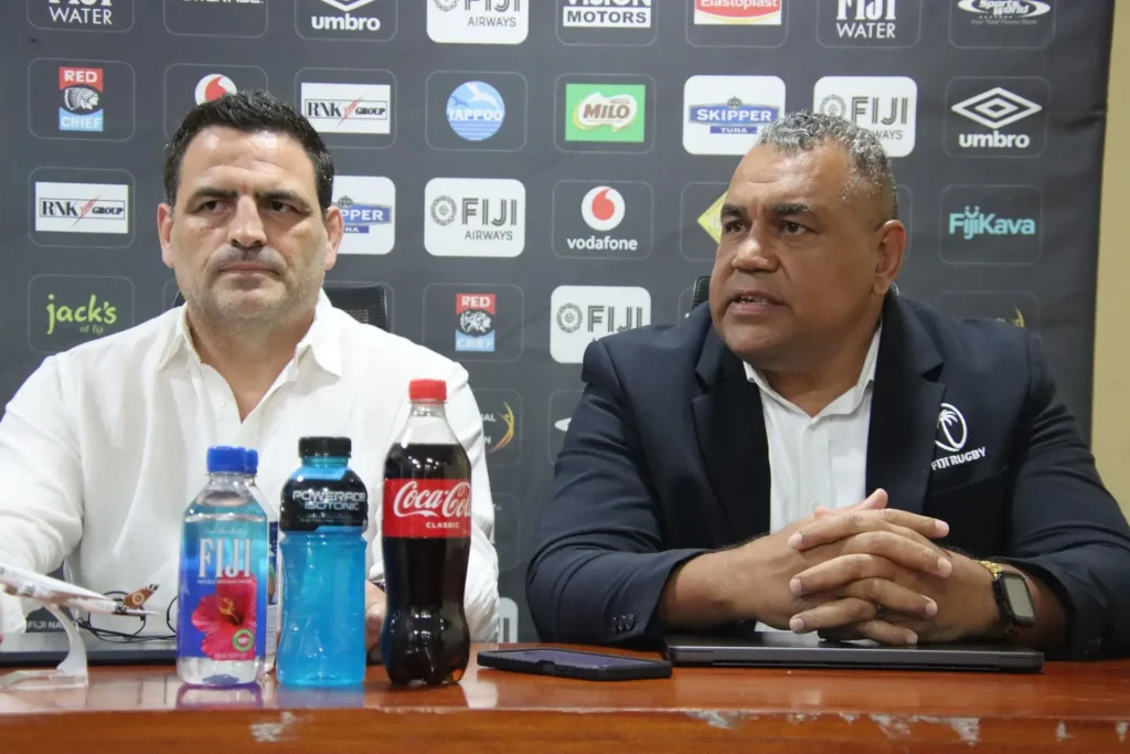 AIA Sports CEO, Thomas Lievremont, and Fiji Rugby´s CEO, Mr. Koli Sewabu at the press conference in Fiji.